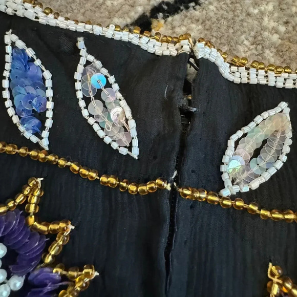 Vintage 80s Stenay Womens Blouse Top Size XL Black 100% Silk Beaded Floral Zip - Picture 5 of 10